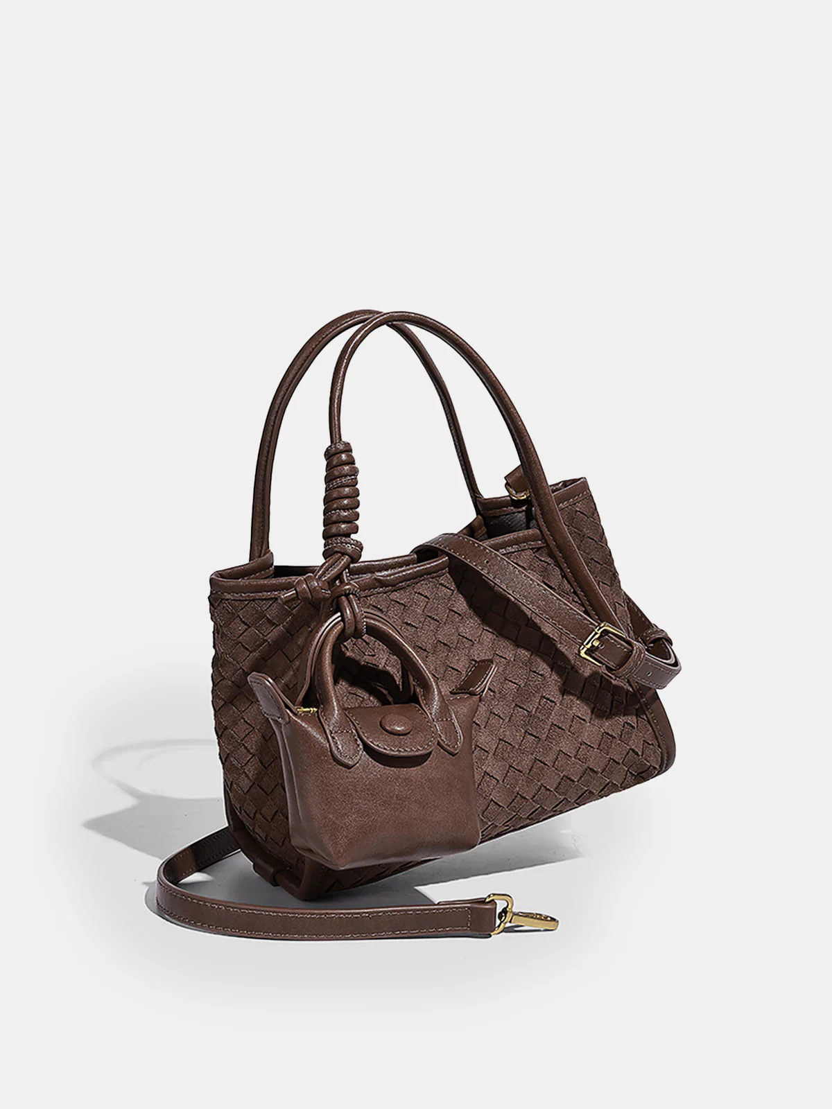 Woven Faux Leather Tote Bag with Mini Bag Charm - Image 2