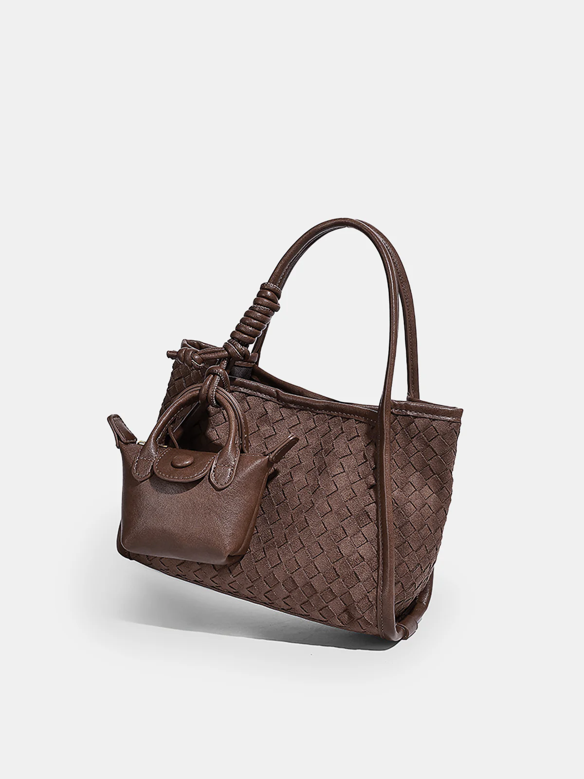 Woven Faux Leather Tote Bag with Mini Bag Charm - Image 3