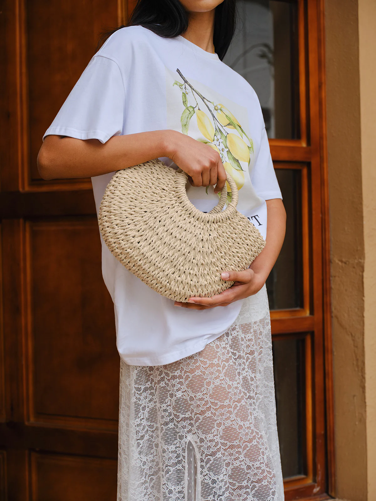 Woven Straw Half-Moon Tote Bag - Image 3