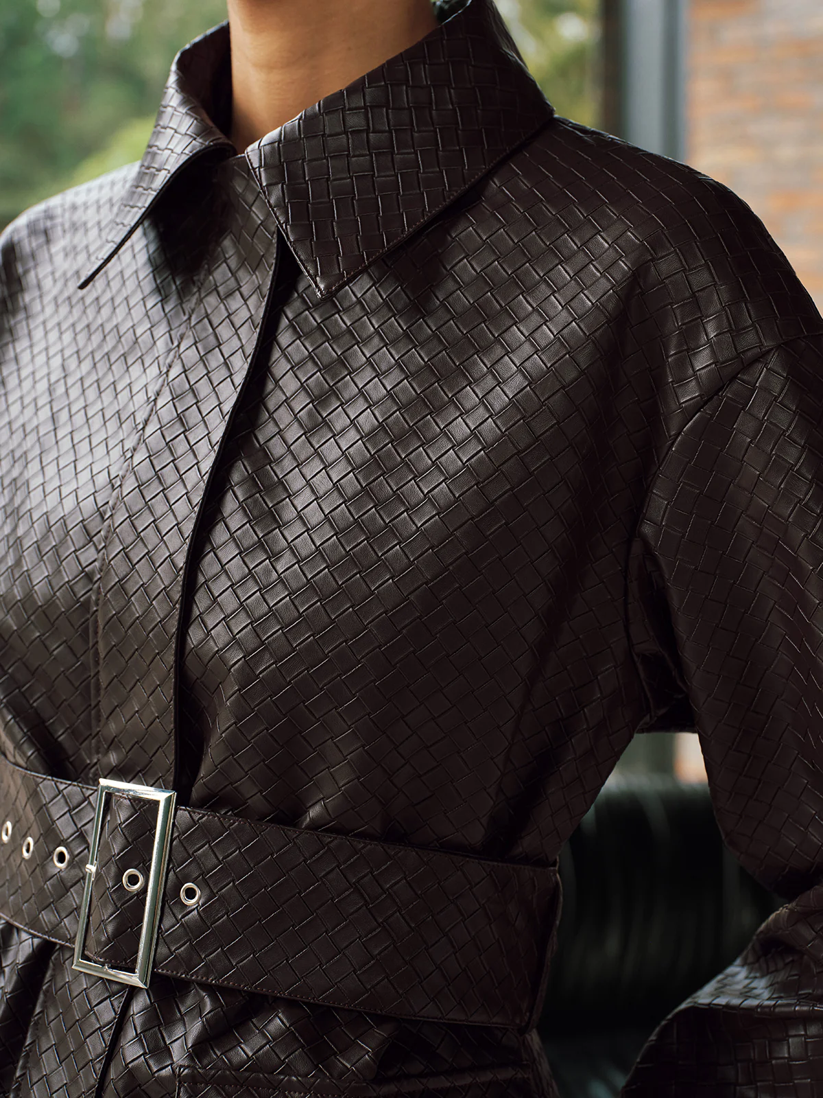Woven-Texture Faux Leather Belted Jacket - Image 2