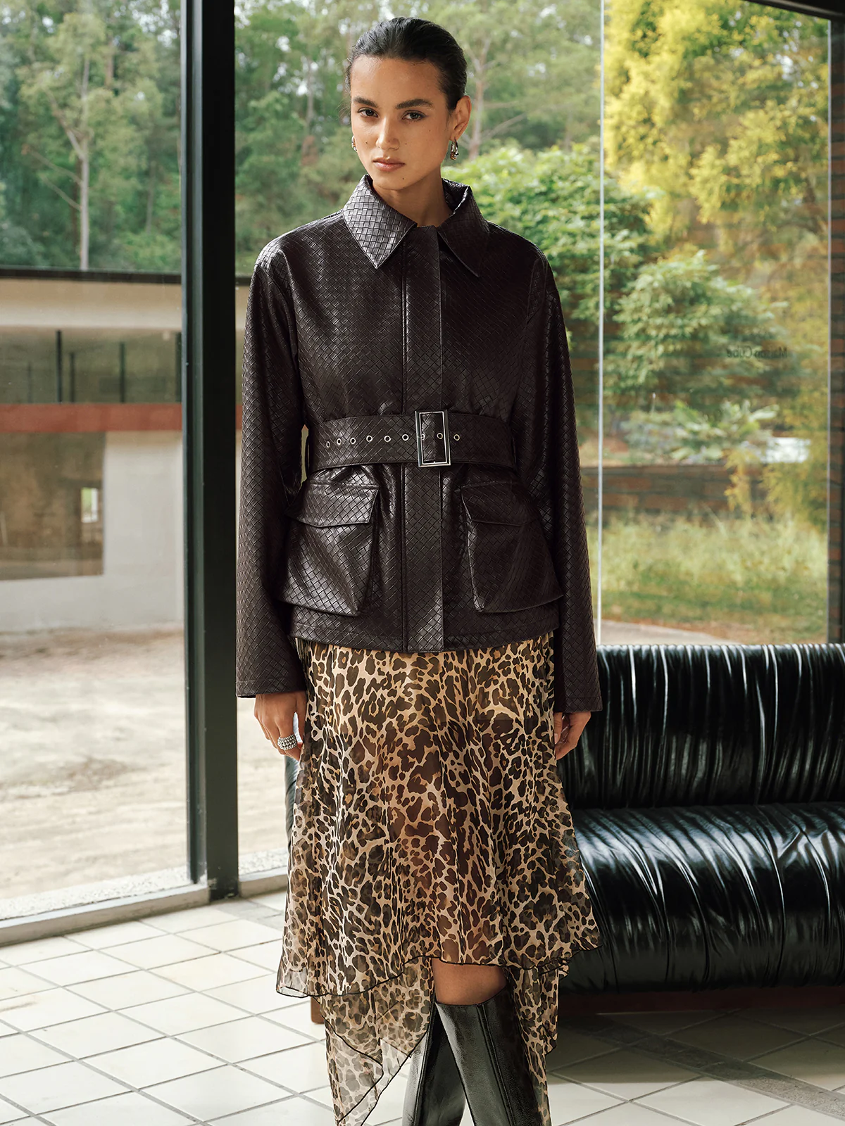 Woven-Texture Faux Leather Belted Jacket - Image 3