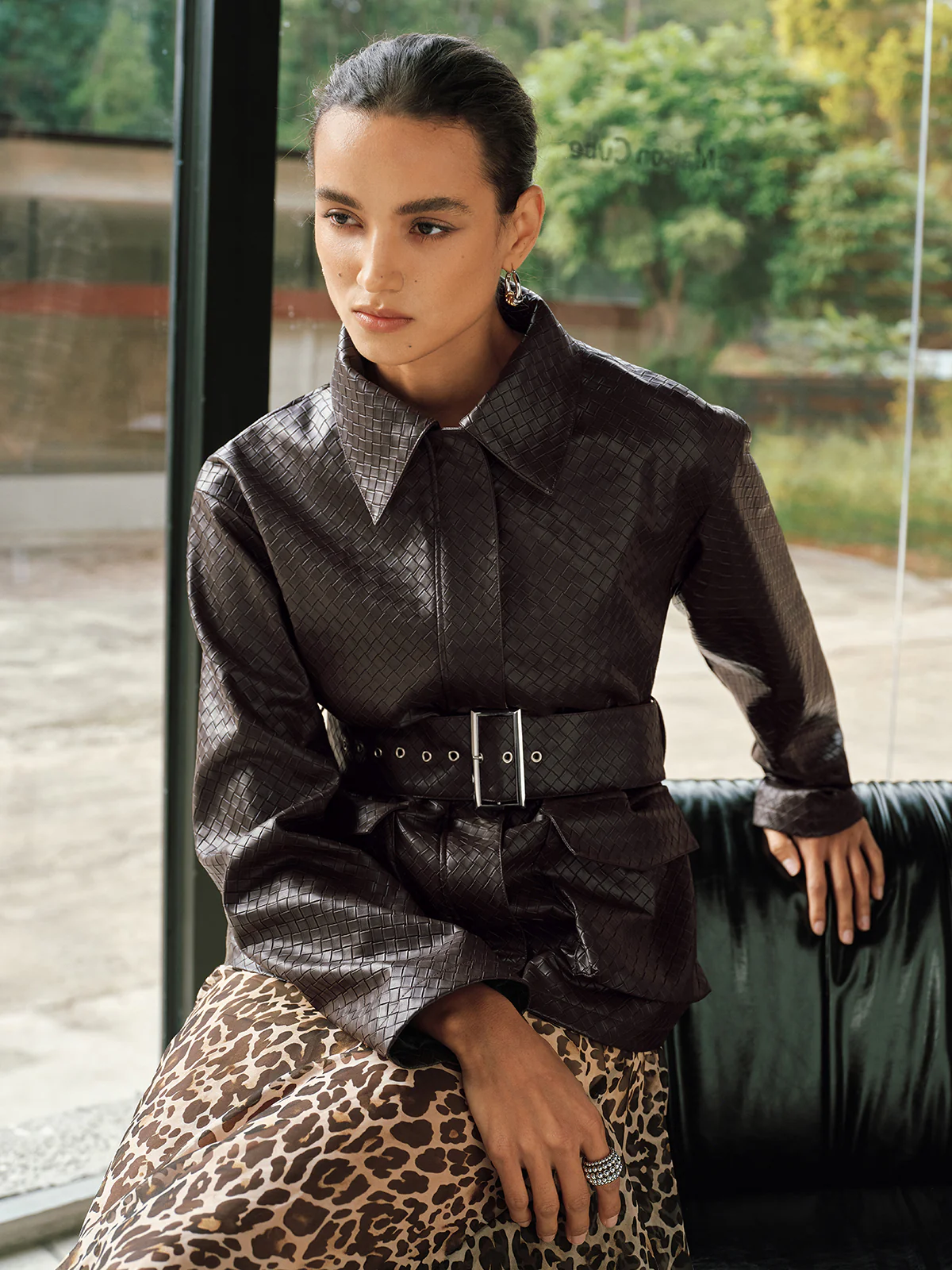 Woven-Texture Faux Leather Belted Jacket - Image 4