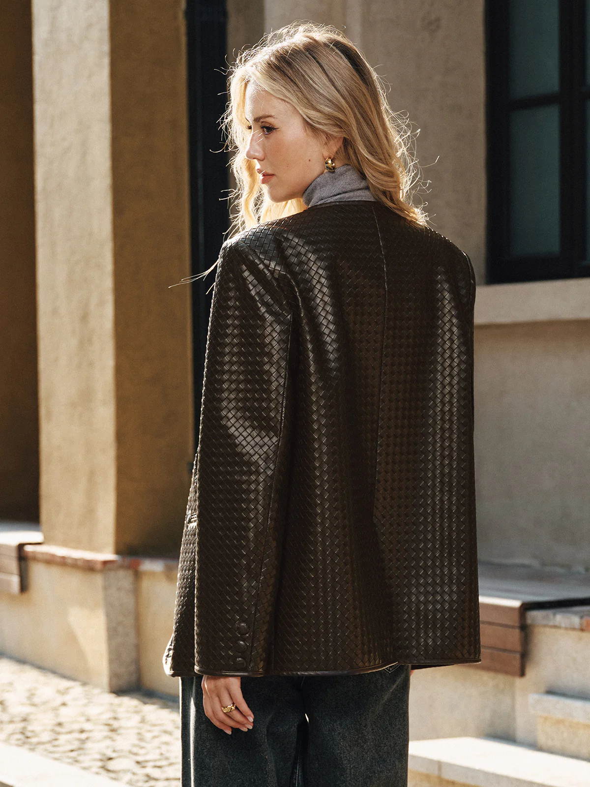 Woven-Texture Faux Leather Blazer - Image 6