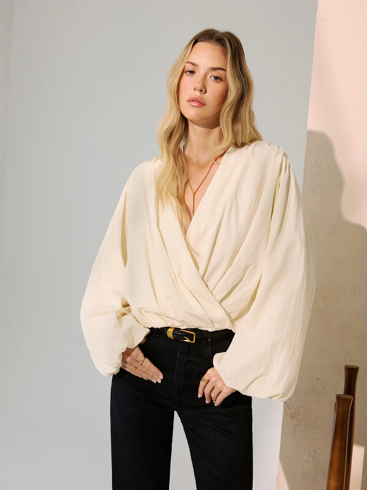 Wrap-Front Puff Sleeve Blouse