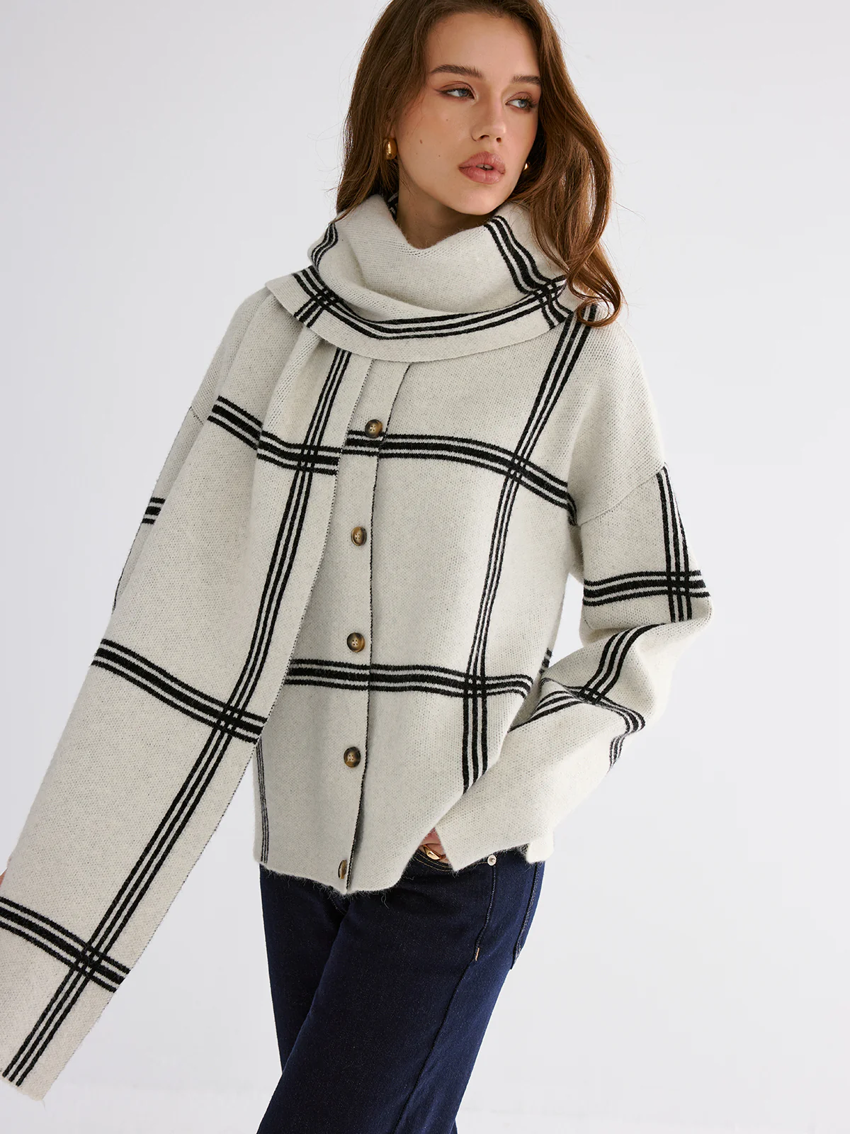 Wrap Scarf Check Print Cardigan - Image 3