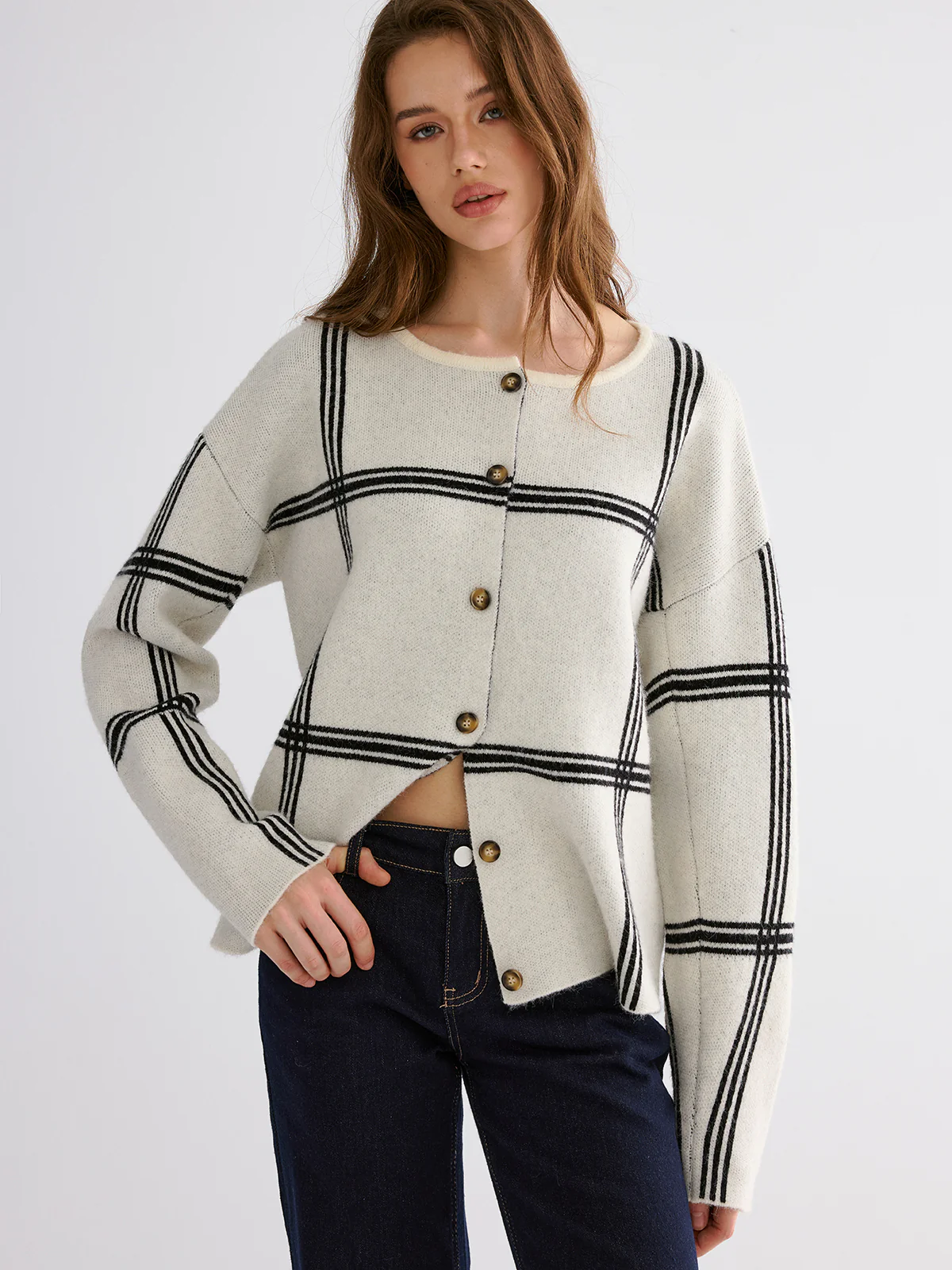 Wrap Scarf Check Print Cardigan - Image 4