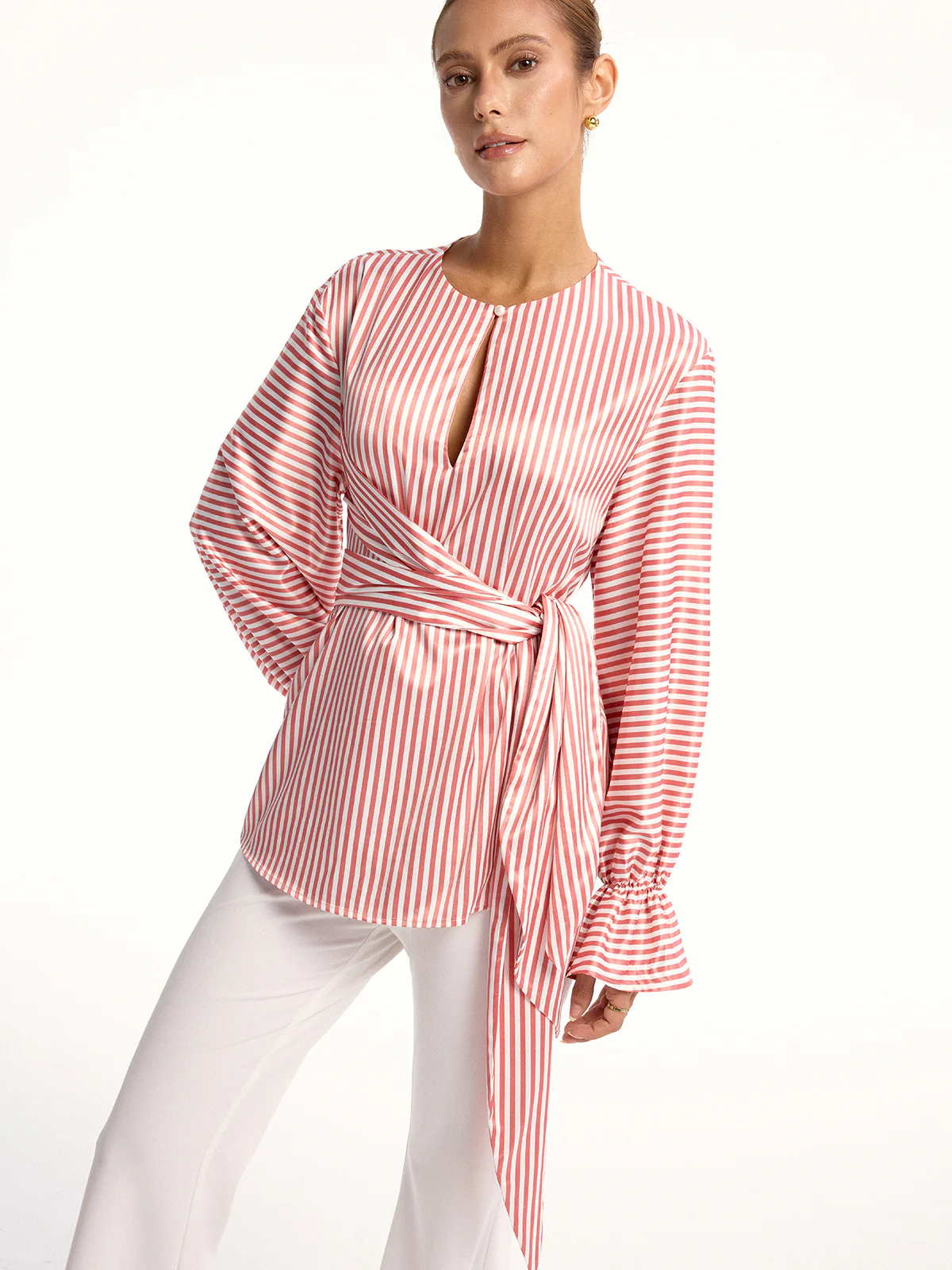 Wrap-Tie Striped Keyhole Blouse - Image 3