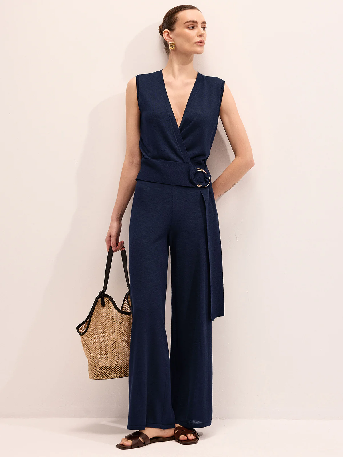 Wrap V-Neck Knit Top & Pants Set - Image 4