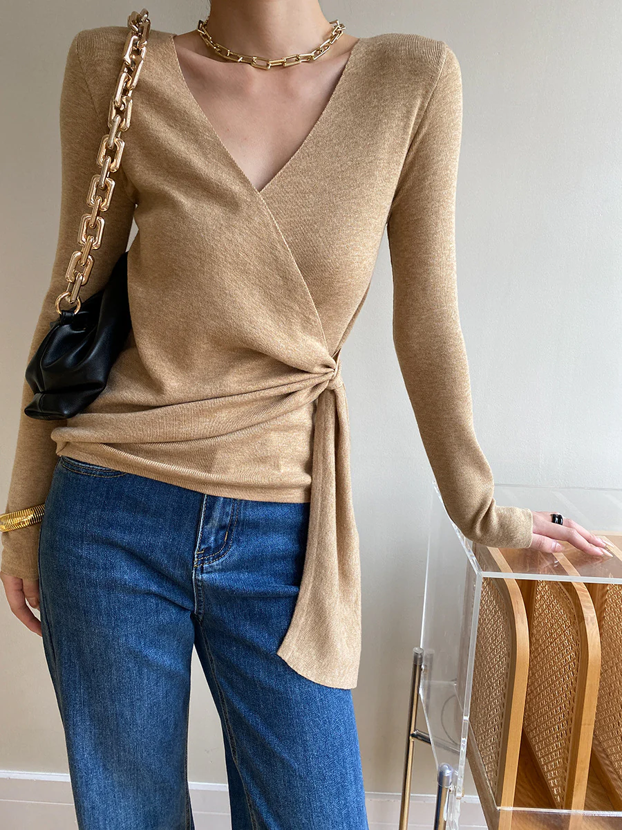Wrap V-neck Long Sleeve Tie Knit Top
