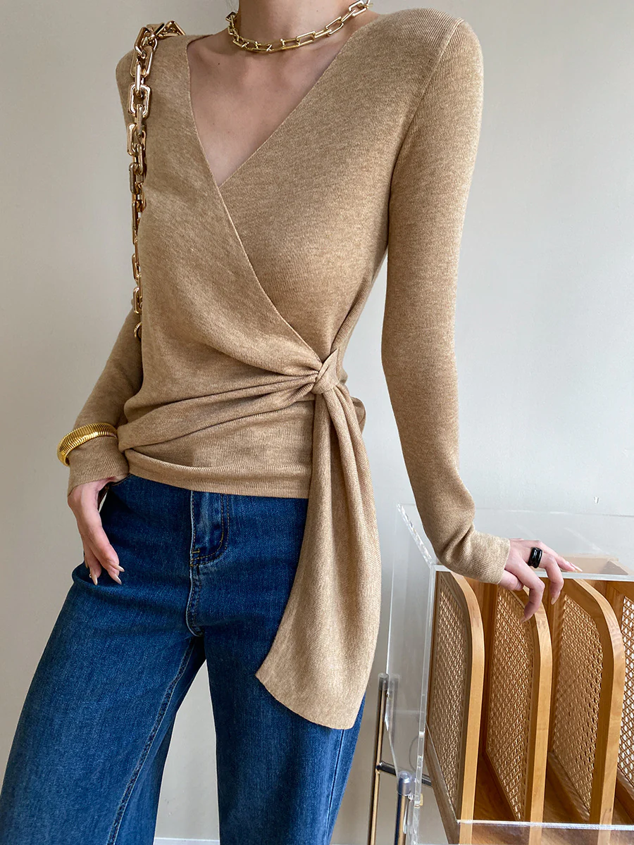 Wrap V-neck Long Sleeve Tie Knit Top - Image 4