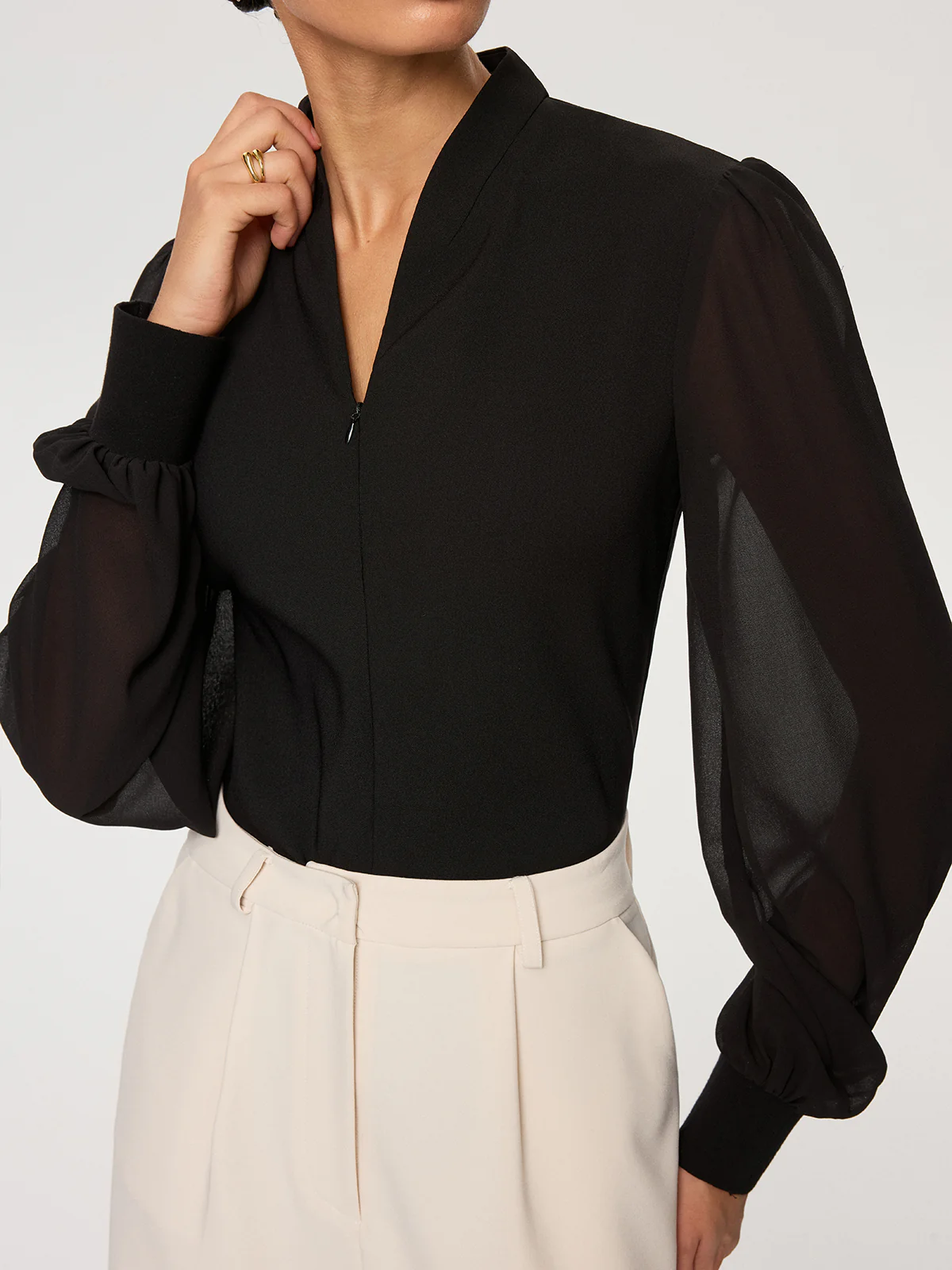 Zip Detail Chiffon Sleeves Blouse - Image 2