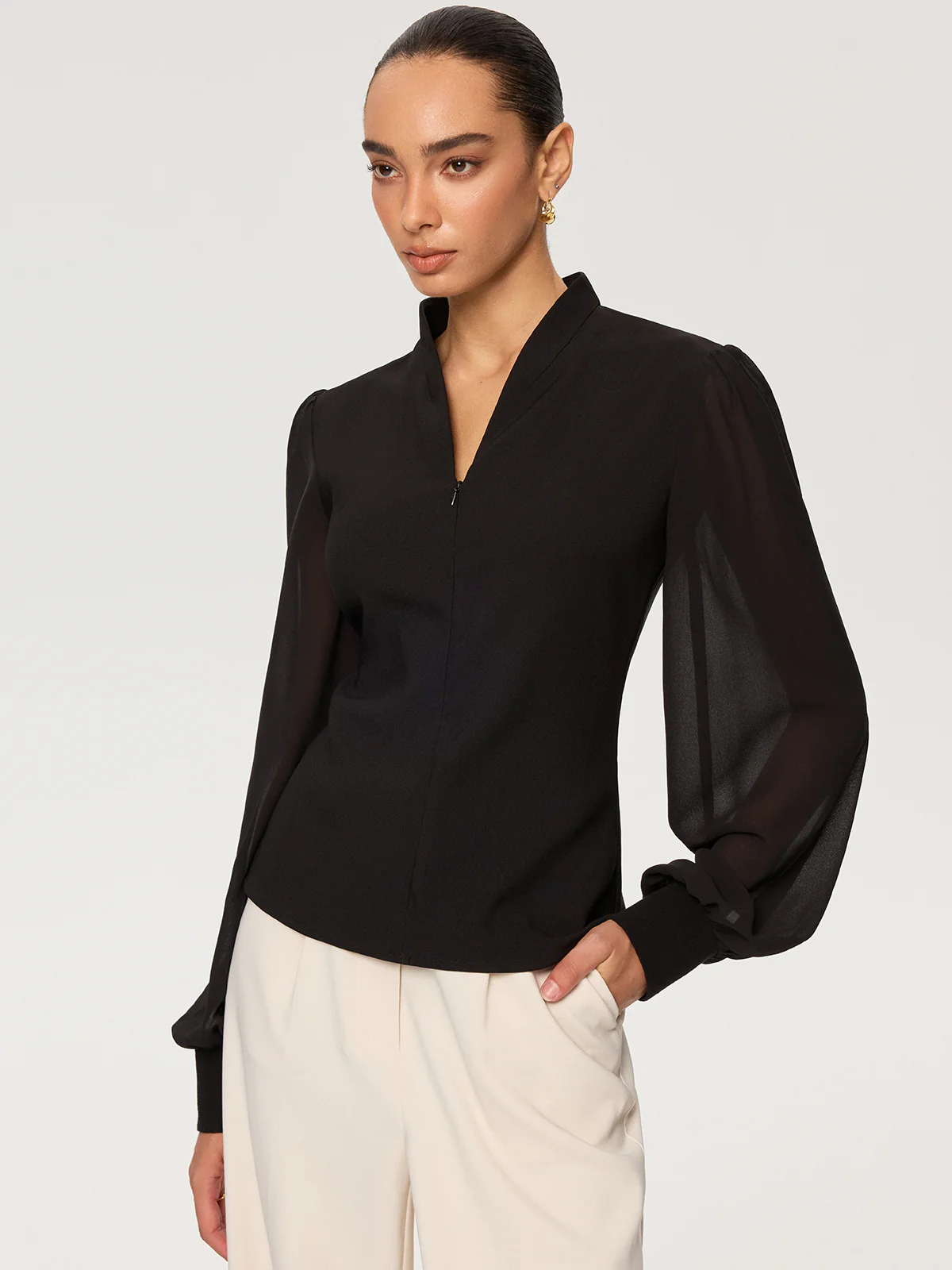 Zip Detail Chiffon Sleeves Blouse - Image 3