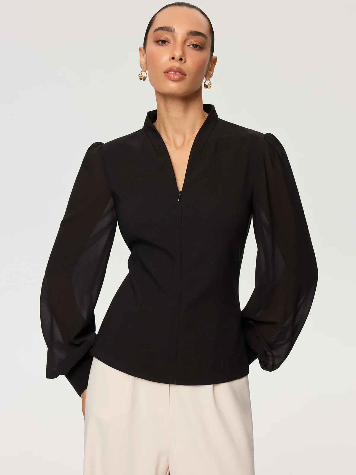 Zip Detail Chiffon Sleeves Blouse - Image 5