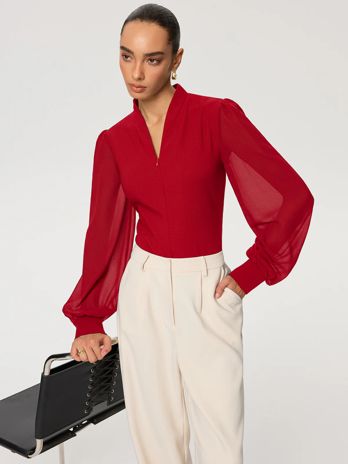 Zip Detail Chiffon Sleeves Blouse - Image 8