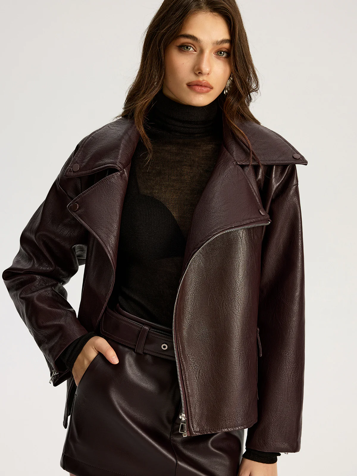 Zip Front Belted Faux Leather Jacket - Image 4