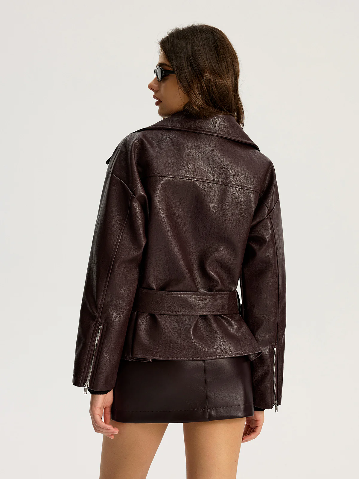 Zip Front Belted Faux Leather Jacket - Image 5