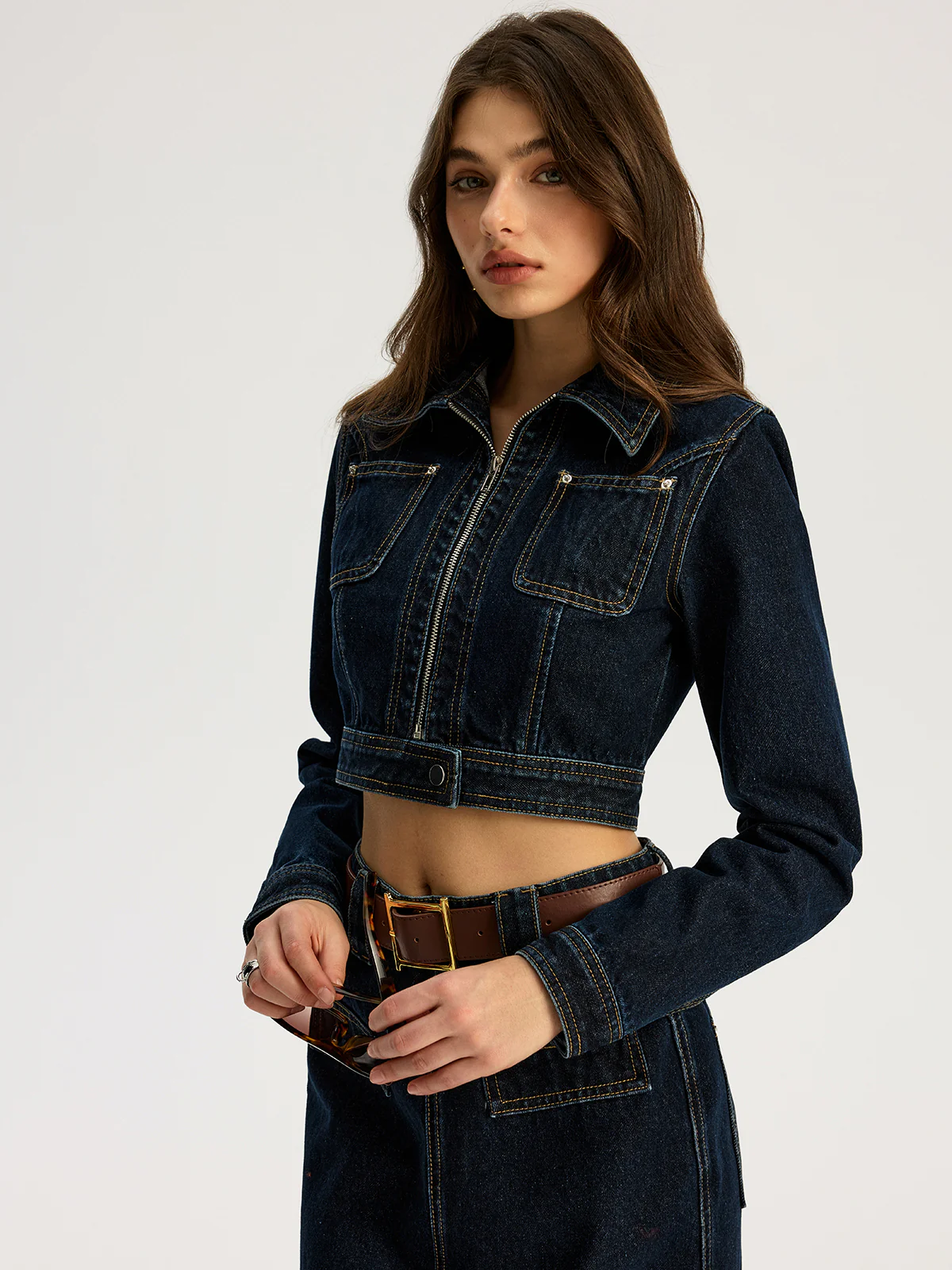 Zip Front Cropped Denim Jacket - Image 3