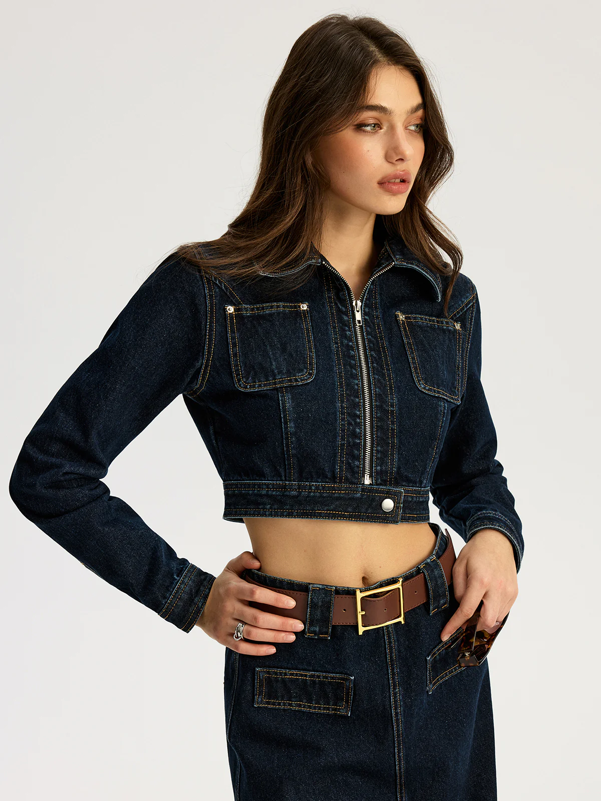 Zip Front Cropped Denim Jacket - Image 4