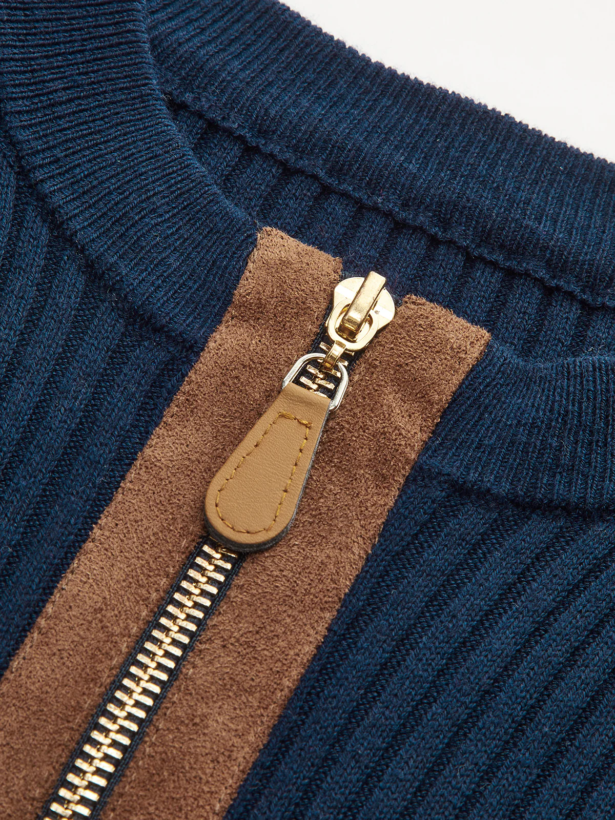 Zip-Front Suede Panel Ribbed Knit Top - Image 3