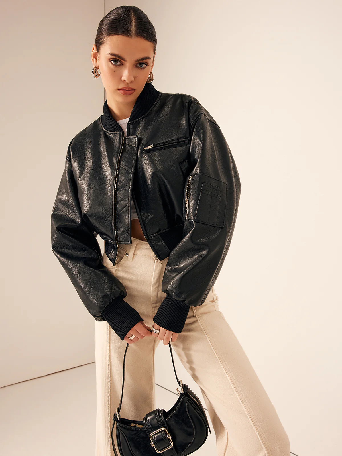 Zip Pockets PU Leather Short Jacket - Image 3
