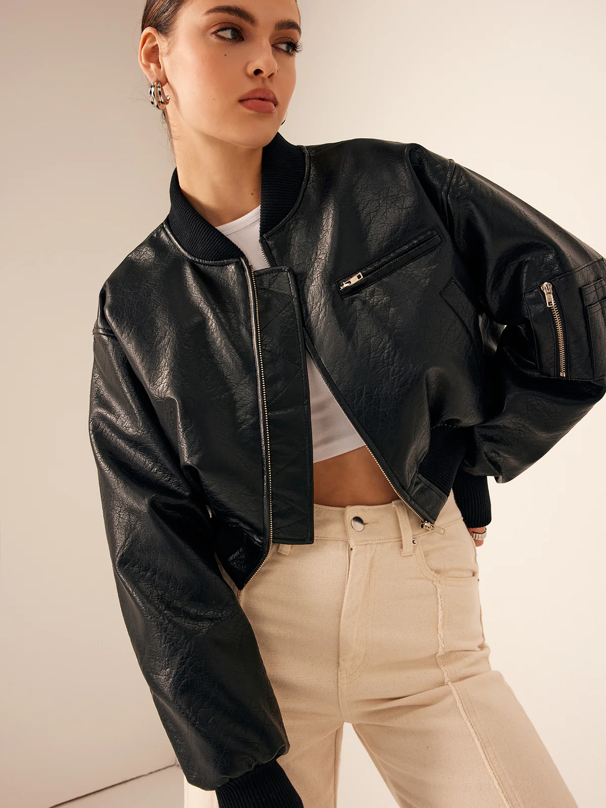 Zip Pockets PU Leather Short Jacket - Image 5