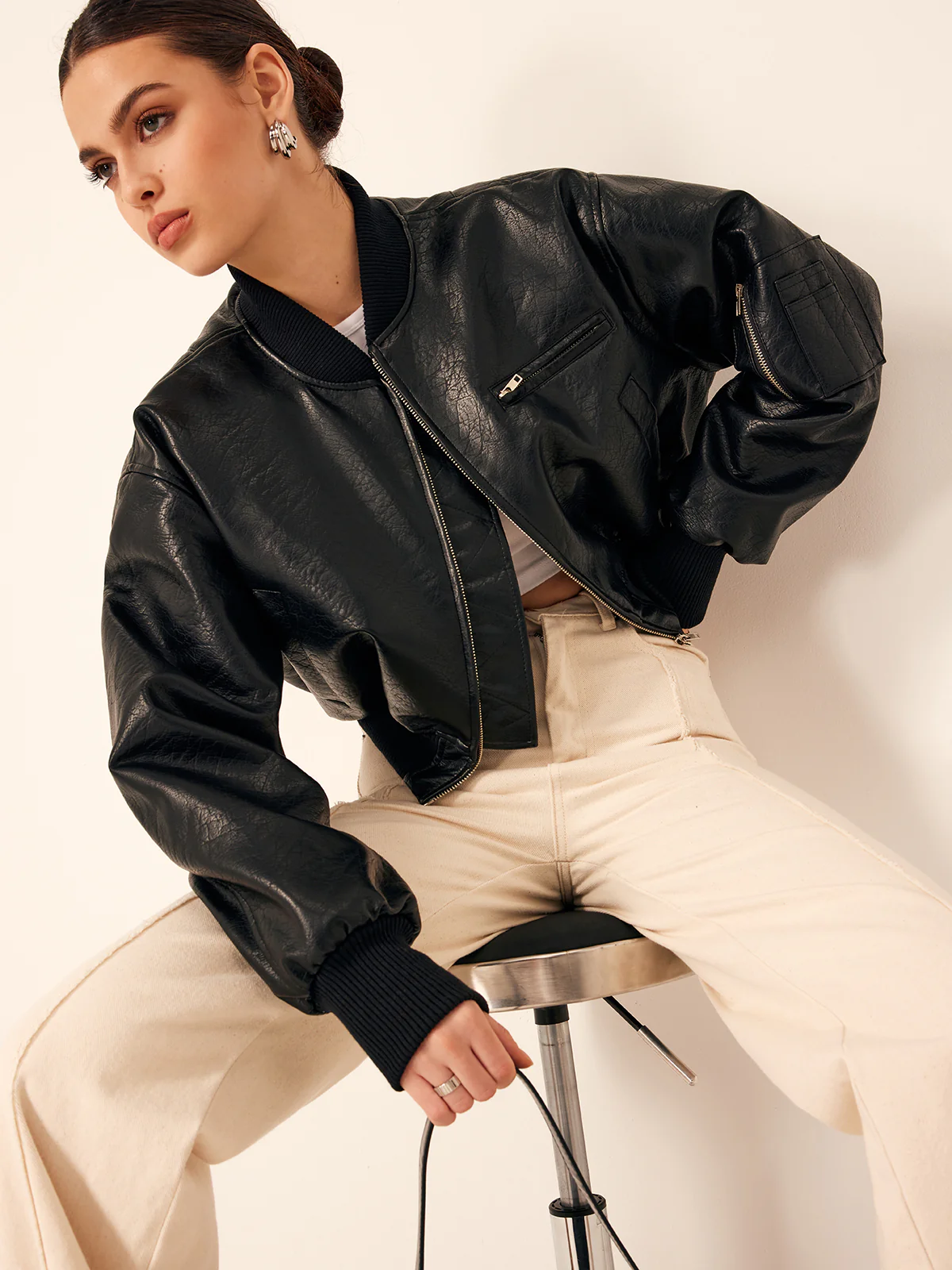 Zip Pockets PU Leather Short Jacket - Image 7