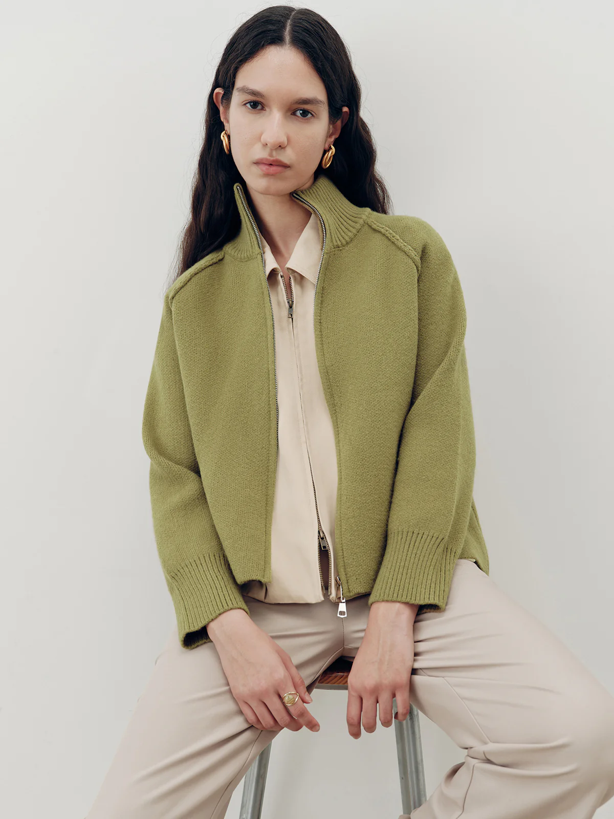 Zip-Up Turtleneck Knit Cardigan