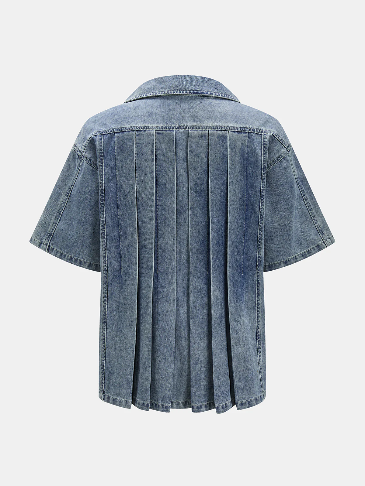 Zipper Front Back Pleat Loose Denim Shirt - Image 3