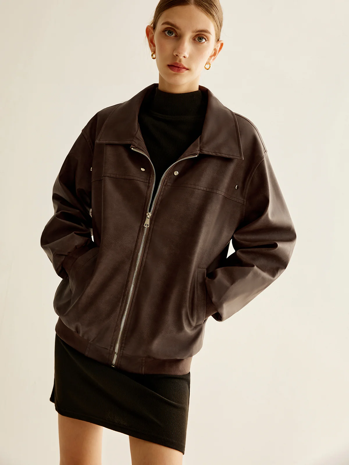Zipper Shift PU Leather Jacket - Image 2